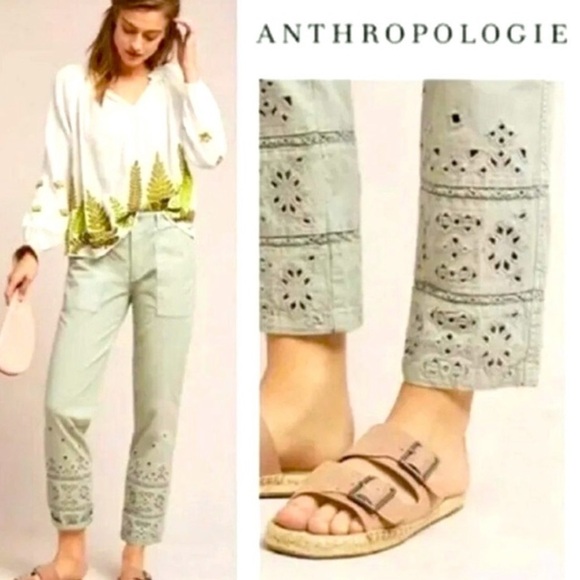 NWT Anthropologie Green Eyelet Khaki Wanderer Pants in size 27 - Picture 2 of 11